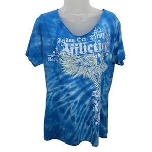Affliction Blue Tie Dye Graphic T Shirt Grunge Rock Gothic  Streetwear Womens XL